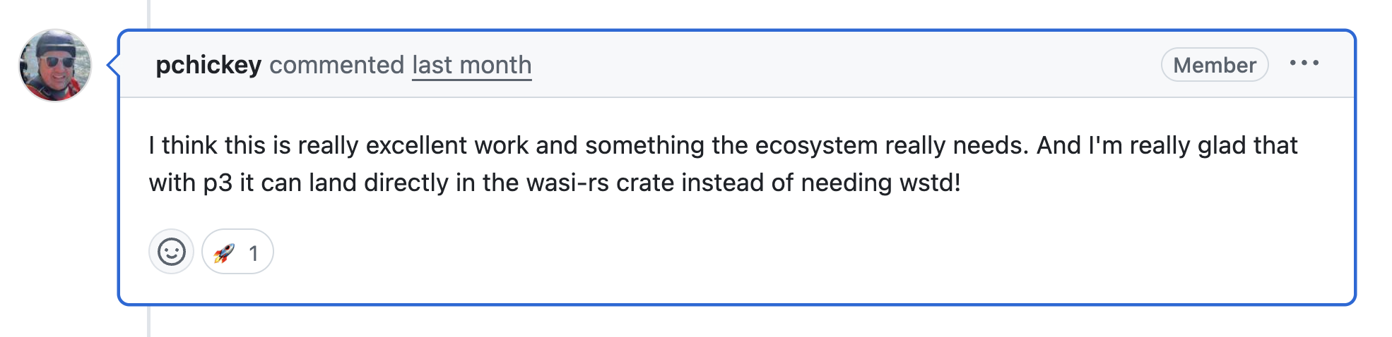 Bytecode Alliance member github comment on wasi-rs contribution